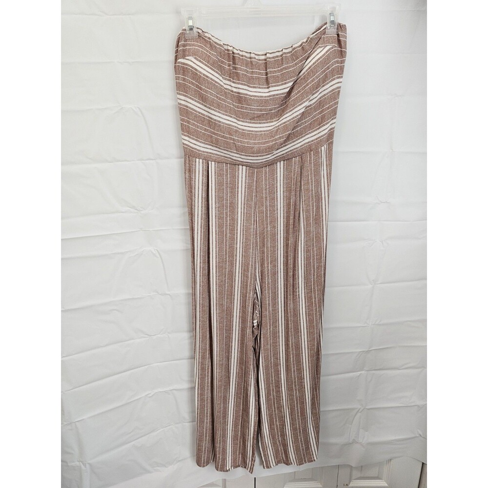 Women's Strapless Rust Color Striped Jumpsuit Wide-Leg, Flowy Beachy Boho